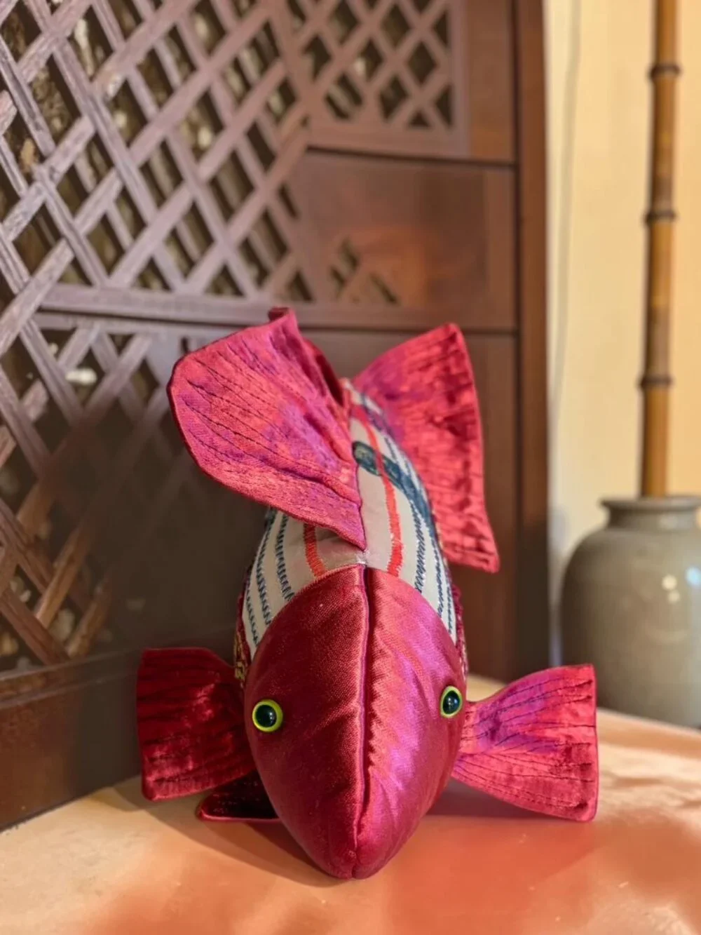 Handcrafted OOAK Brocade Patchwork Fish Koi Folk Art Boho Asian Pillow 12